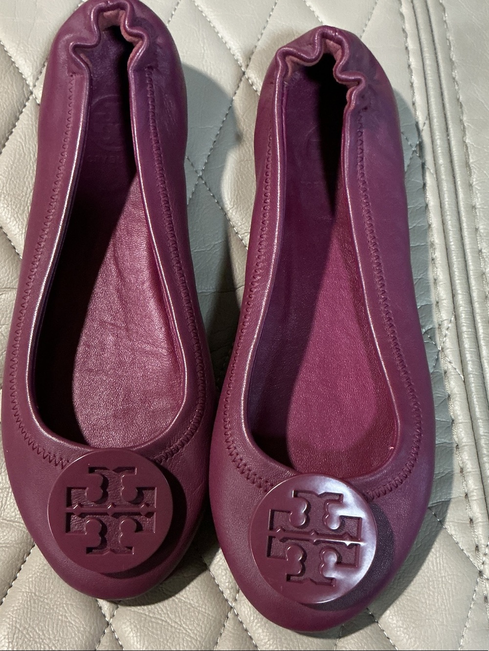 Tory Burch Plum Leather Logo Ballet Flats